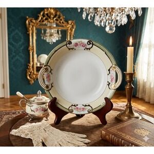 Antique Nippon Hand Painted Handled Bowl Pink Floral Gold Moriage Green M Mark